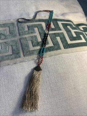 Beaded Tassel Necklace - Turquoise & Red Accent